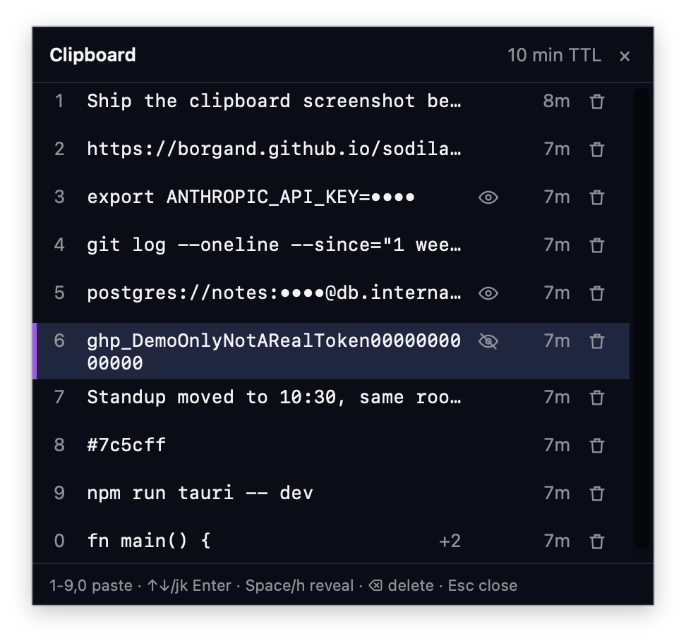 The Sodilaud clipboard history popup listing ten recent copies, with an API key and a database password masked and a GitHub token revealed