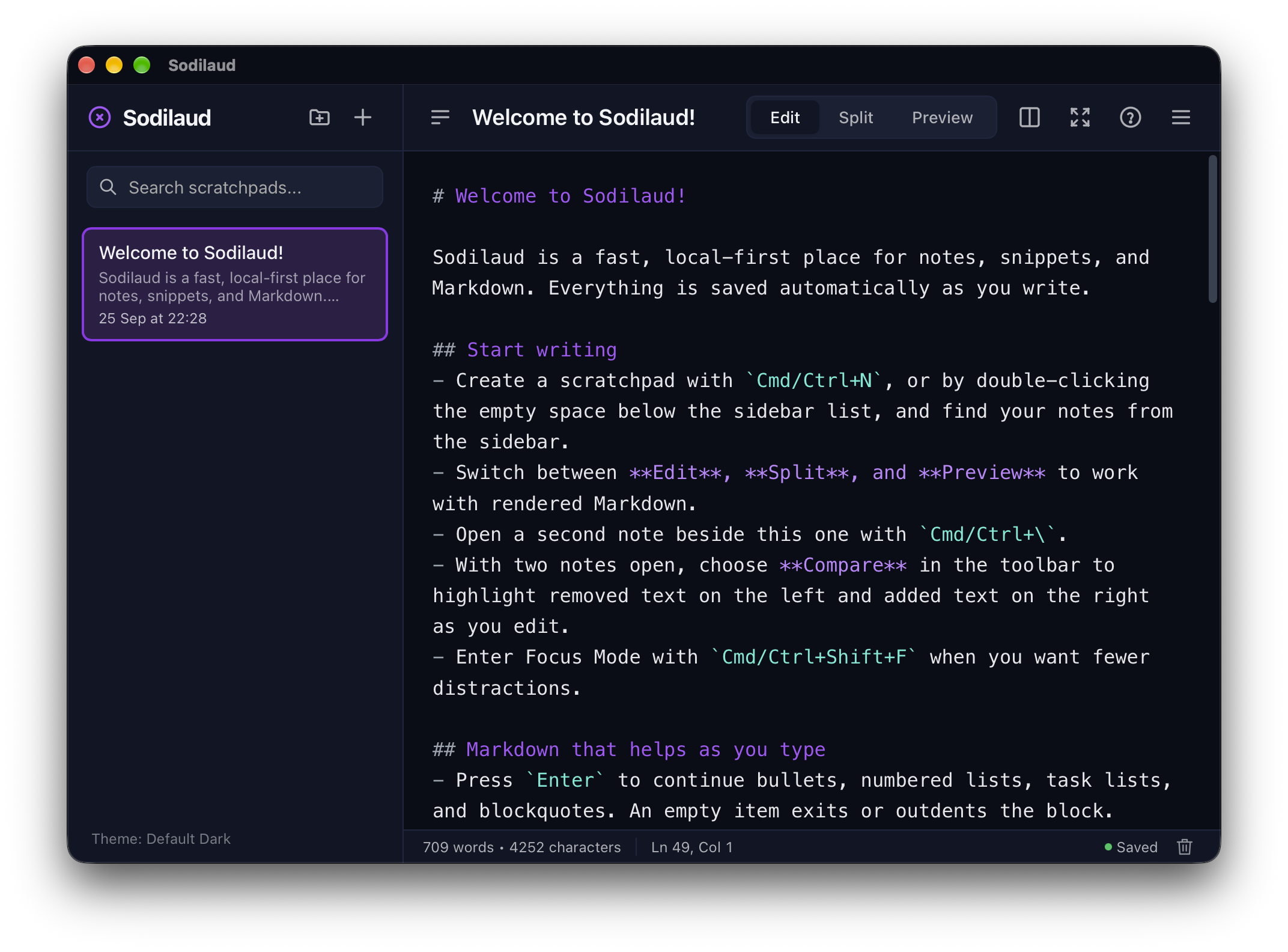 Sodilaud displaying a Markdown note in its dark theme